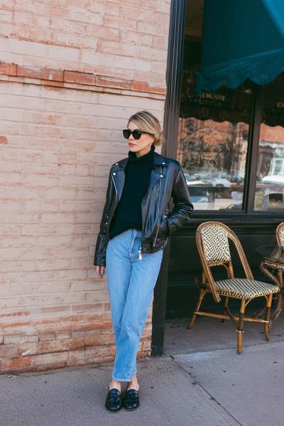 1. Leather Jacket Sweater with Straight-Leg Denim and Loafers