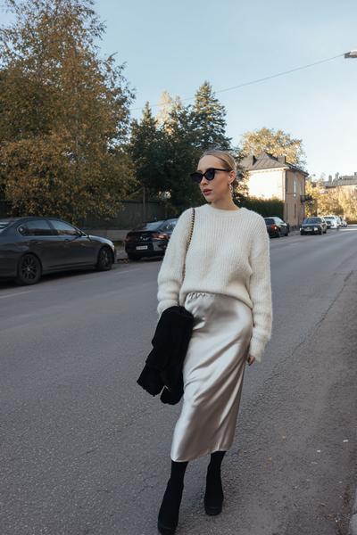 13. Autumn outfits 2026 with Satin Slip Skirt and Fuzzy Crewneck