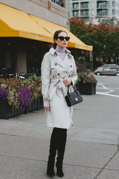 5. Knee High Boots Fall Outfits with Trench Coat and Turtleneck