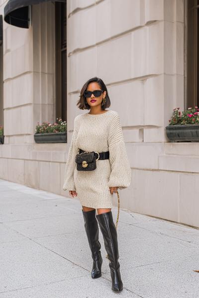 8. Fall Outfits Knee High Boots with Sweater Dress and Belt Bag