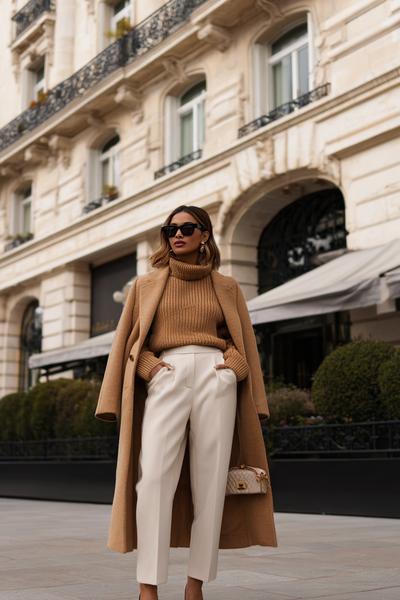 9. Autumn outfits 2026 with Monochrome Camel Knit and Tailored Coat