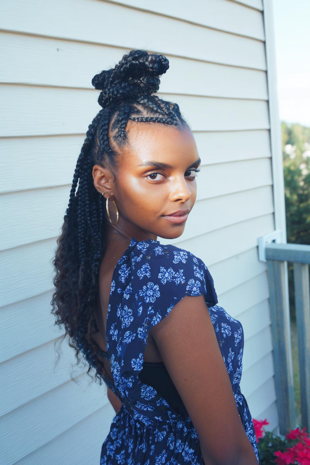 15. Half-Up Braided Cornrow Hairstyles with Top Knot and Loose Lengths