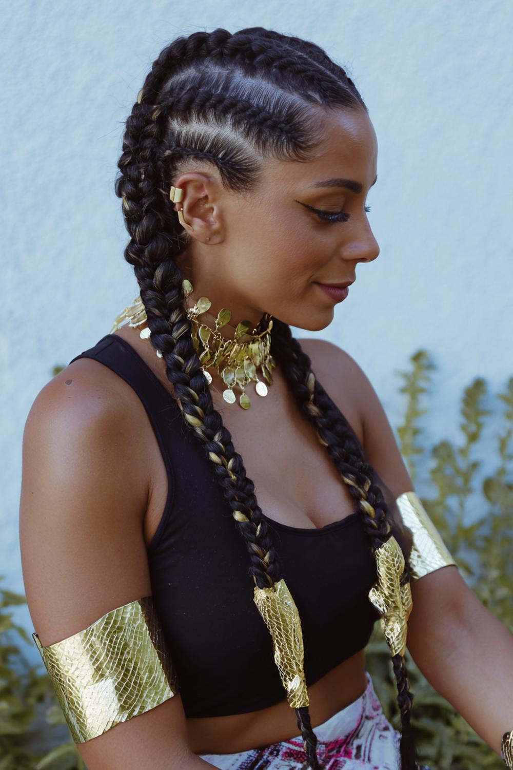 16. Boho Accessorized Braided Cornrow Hairstyles with Gold Cuffs and String