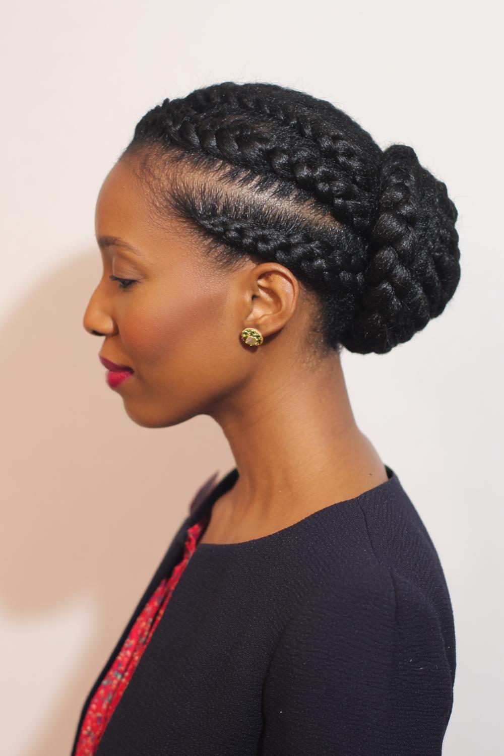3. Low Bun Braided Cornrow Hairstyles with Clean Nape Detailing
