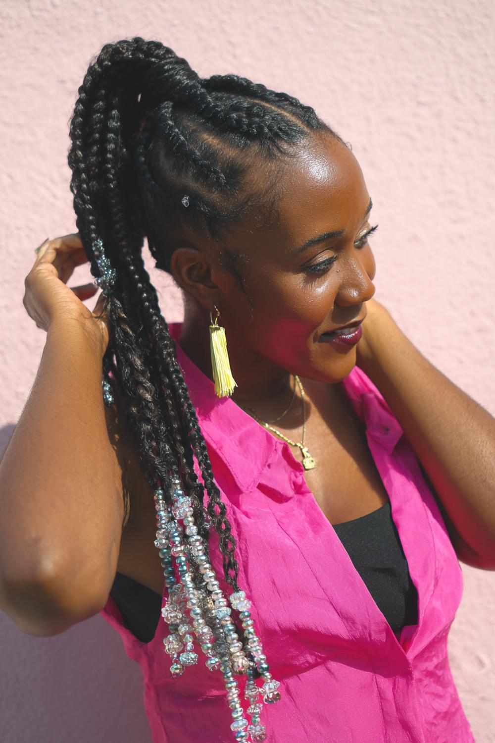 18. Goddess Braids into High Braided Ponytail with Beads
