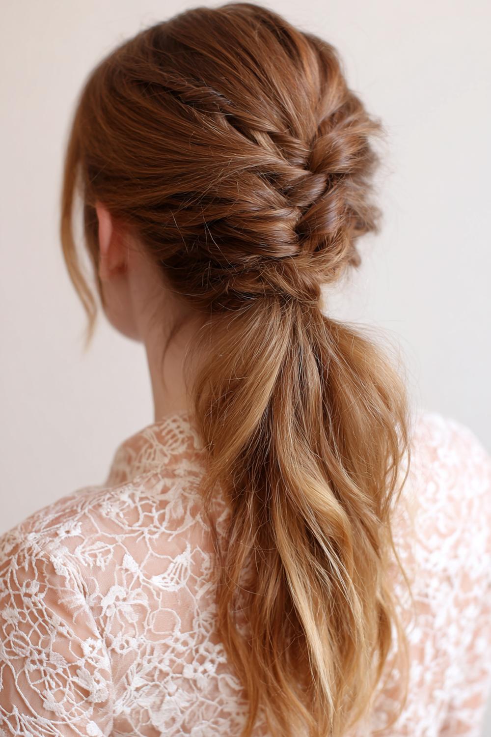 27. Messy Braided Ponytail with Soft Tension and Texture