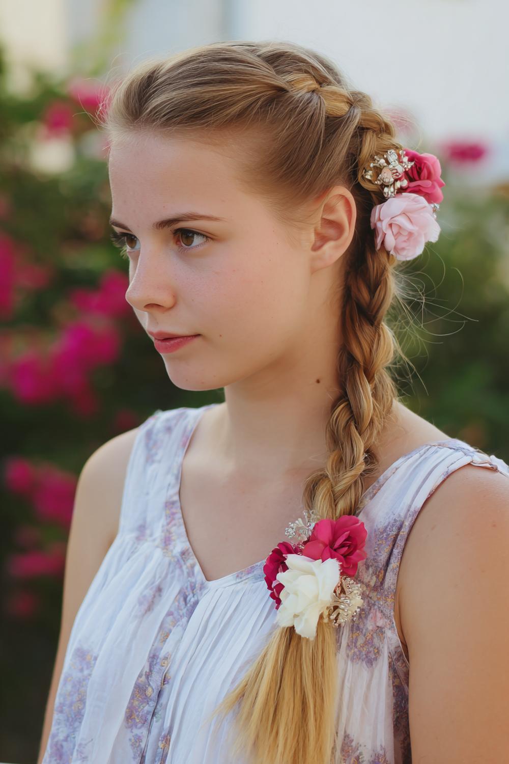 29. Braided Ponytail with Floral Clips for Garden-Party Mood