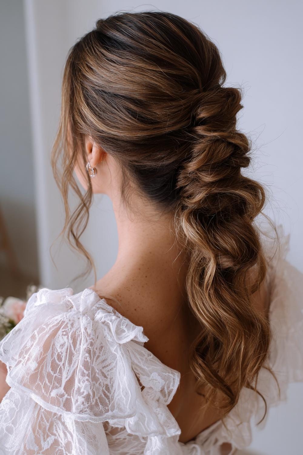 9. Waterfall Accent Braid into Romantic Low Ponytail