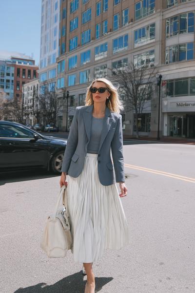 10. Business casual outfits 2026 with cropped blazer and pleated midi skirt