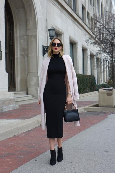 13. Business Outfit with black sheath dress and longline cardigan coat