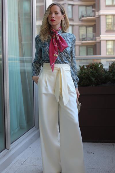 17. Inspired Outfits with silk scarf tie and ivory wide-leg pants