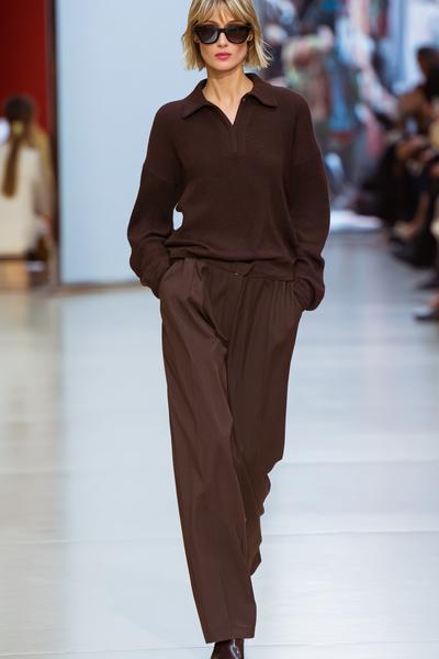 2. Brown Outfit monochrome set with knit polo and wide-leg trousers