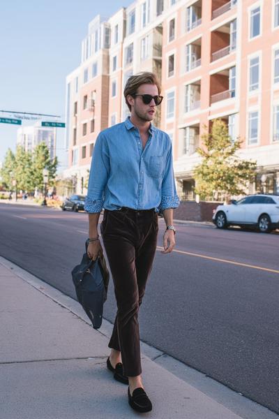 21. Brown Pants Outfit with denim shirt and suede loafers