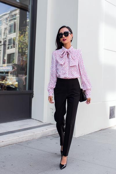 24. Cute Work Outfits with bow blouse and sleek straight trousers