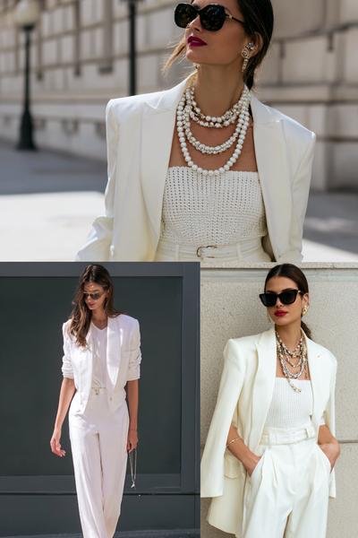 27. Inspired Outfits with layered necklaces and crisp all-white tailoring