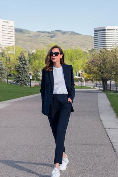 3. Business Outfit in navy suiting with white tee and sleek sneakers