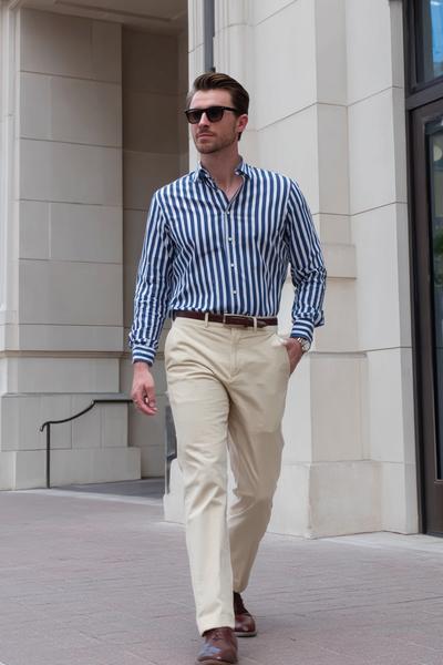 9. Business Casual Outfits For Work with striped shirt and beige chinos