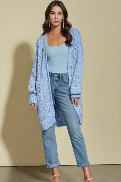 1. Trendy Knit Cardigan With Cozy Fit and Light-Wash Denim