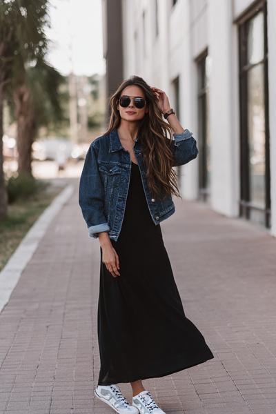 17. Casual Outfits 2026: Denim Jacket with Black Maxi Dress and Sneakers