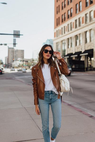 23. Casual Outfits 2026: Brown Leather Jacket with White Tee and Jeans