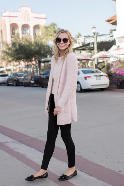 4. Trendy Cozy Fit Cardigan with Black Leggings and Ballet Flats