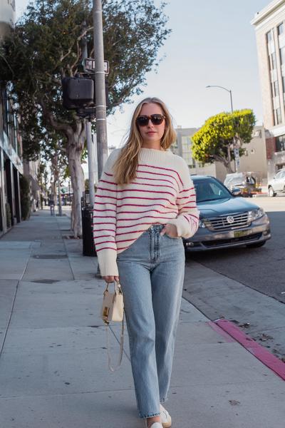 7. Brandy Melville Striped Sweater Outfit with Straight Jeans