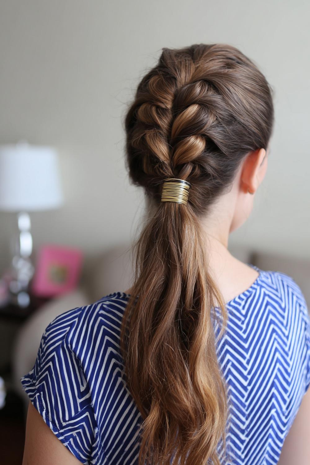 12. Cute braided hairstyles: Double rope braid ponytail with metallic cuff