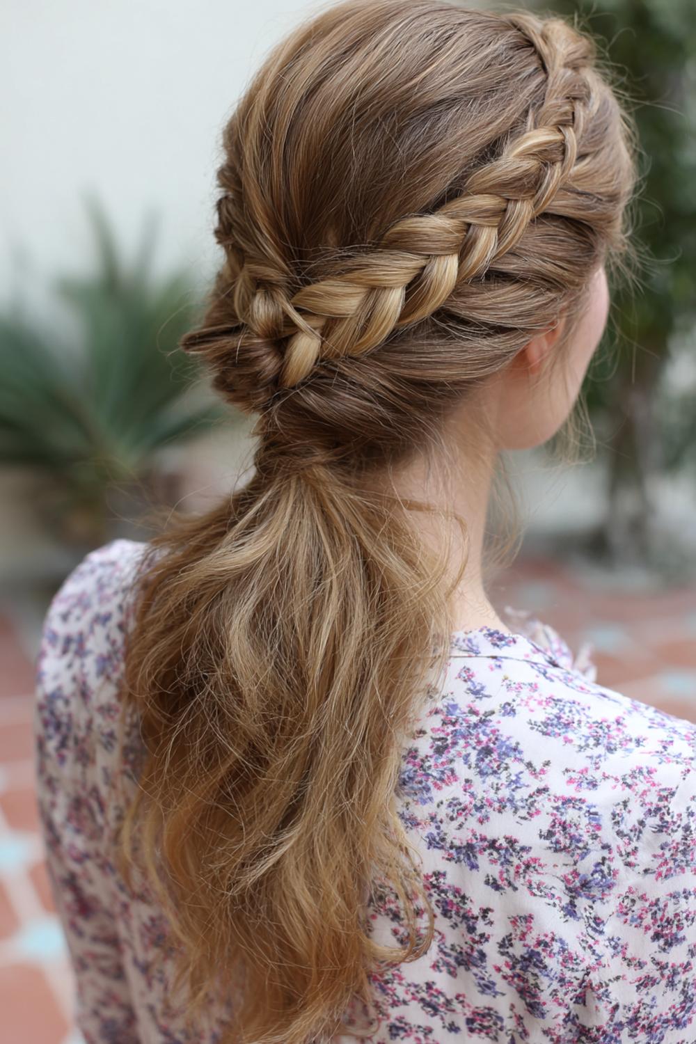 16. Cute braided hairstyles: Braided headband with messy low ponytail
