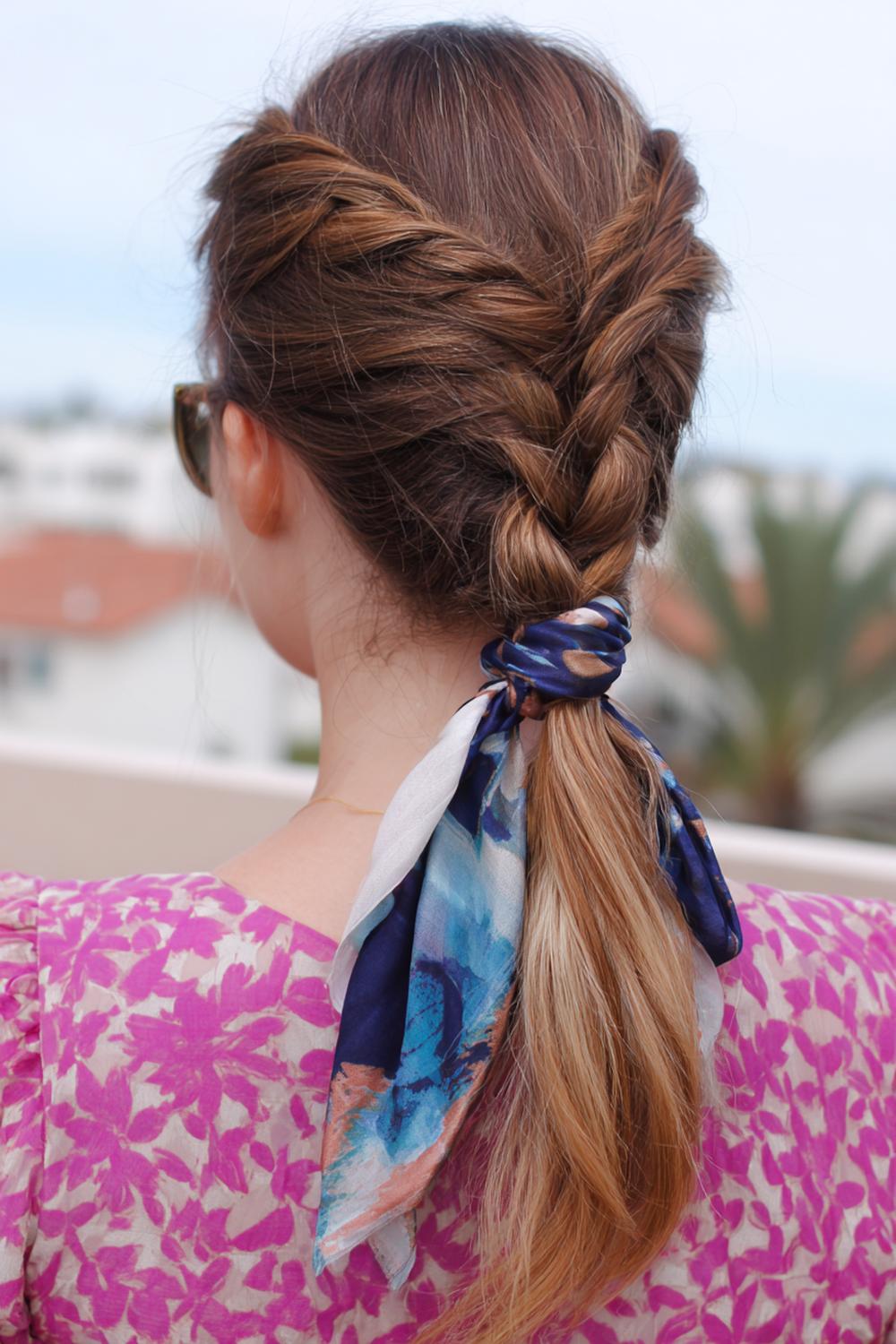 21. Cute braided hairstyles: Braided ponytail with scarf woven through