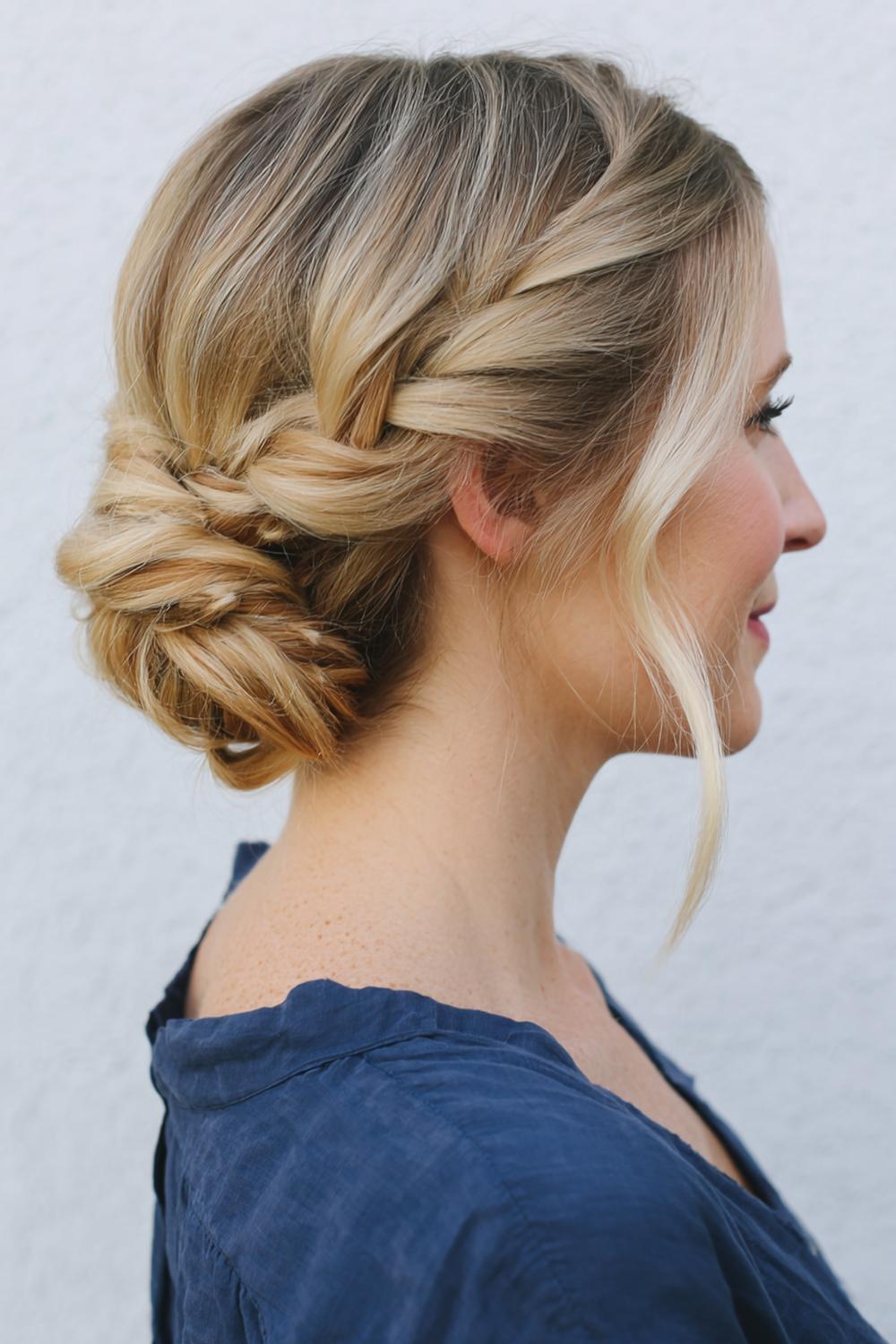26. Cute braided hairstyles: Side braid tucked into a low knot