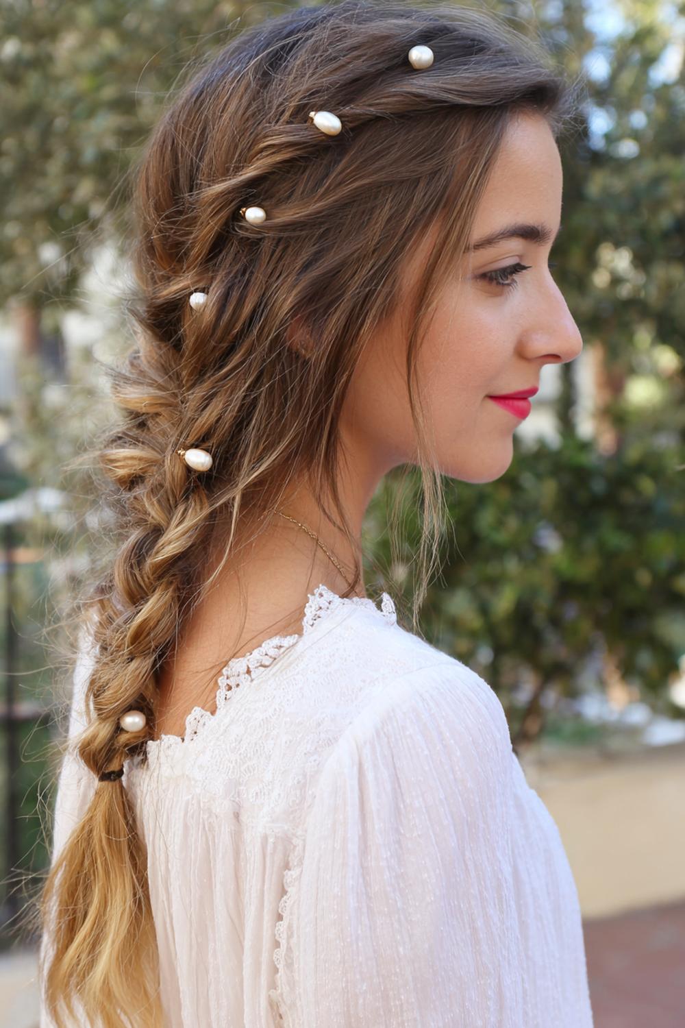 5. Cute braided hairstyles: Side fishtail braid with pearl pins