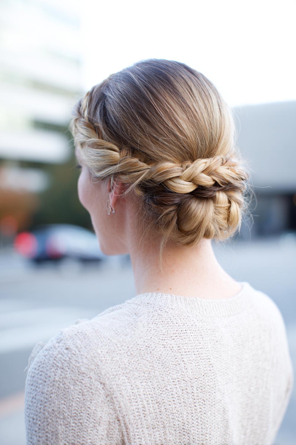 8. Cute braided hairstyles: Low braided chignon with braided halo accent