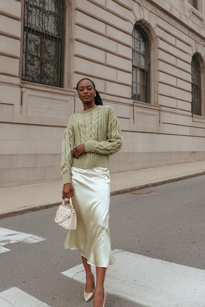 12. Cute Outfits 2026 with Cable-Knit Sweater and Satin Midi