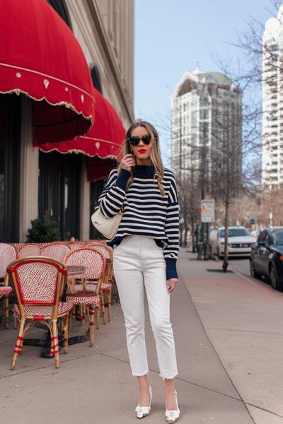 5. Striped Sweater Outfit Aesthetic with White Jeans and Red Lip