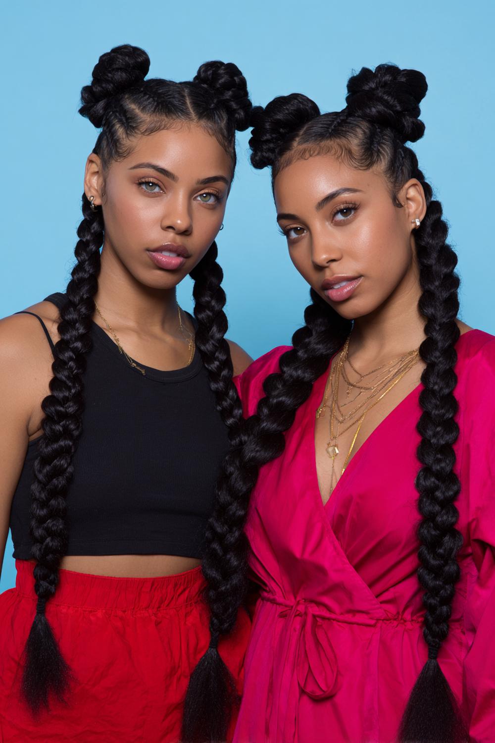 26. Knotless Braids Hairstyles with Double Space Buns and Long Tails