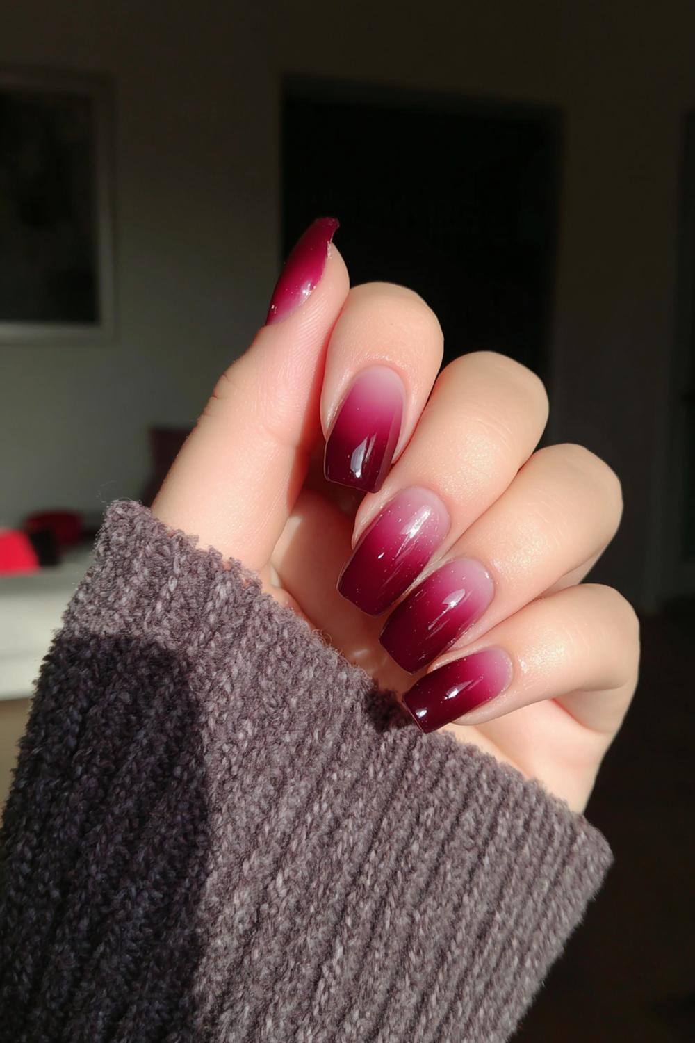 10. Maroon Nails Matte Ombre with Glossy Tips