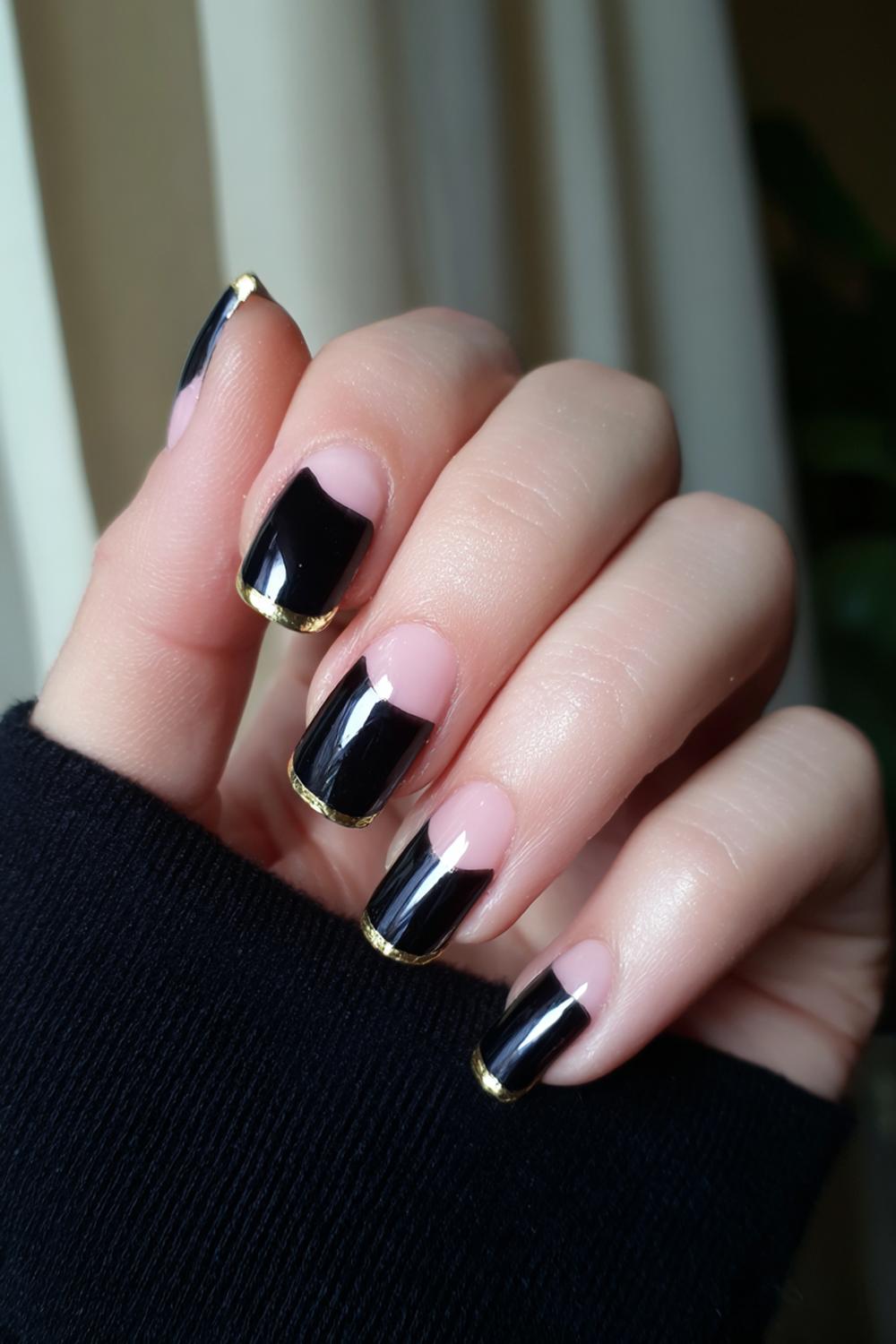 12. Elegant Nails Black Tie French with Thin Gold Line