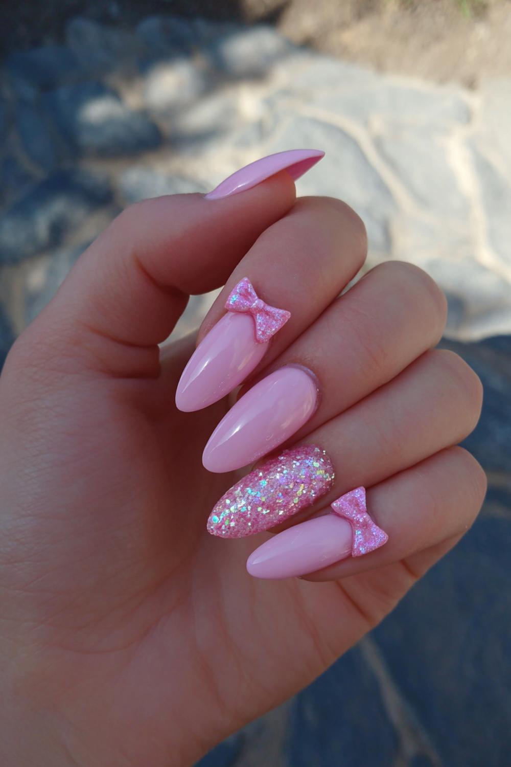 14. Girly Acrylic Nails Baby Pink Bow Tips with Glitter