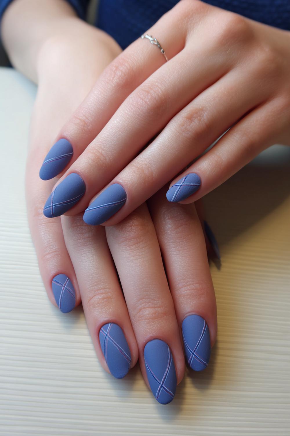 22. Casual Nails Denim Blue Matte with Stitch Lines