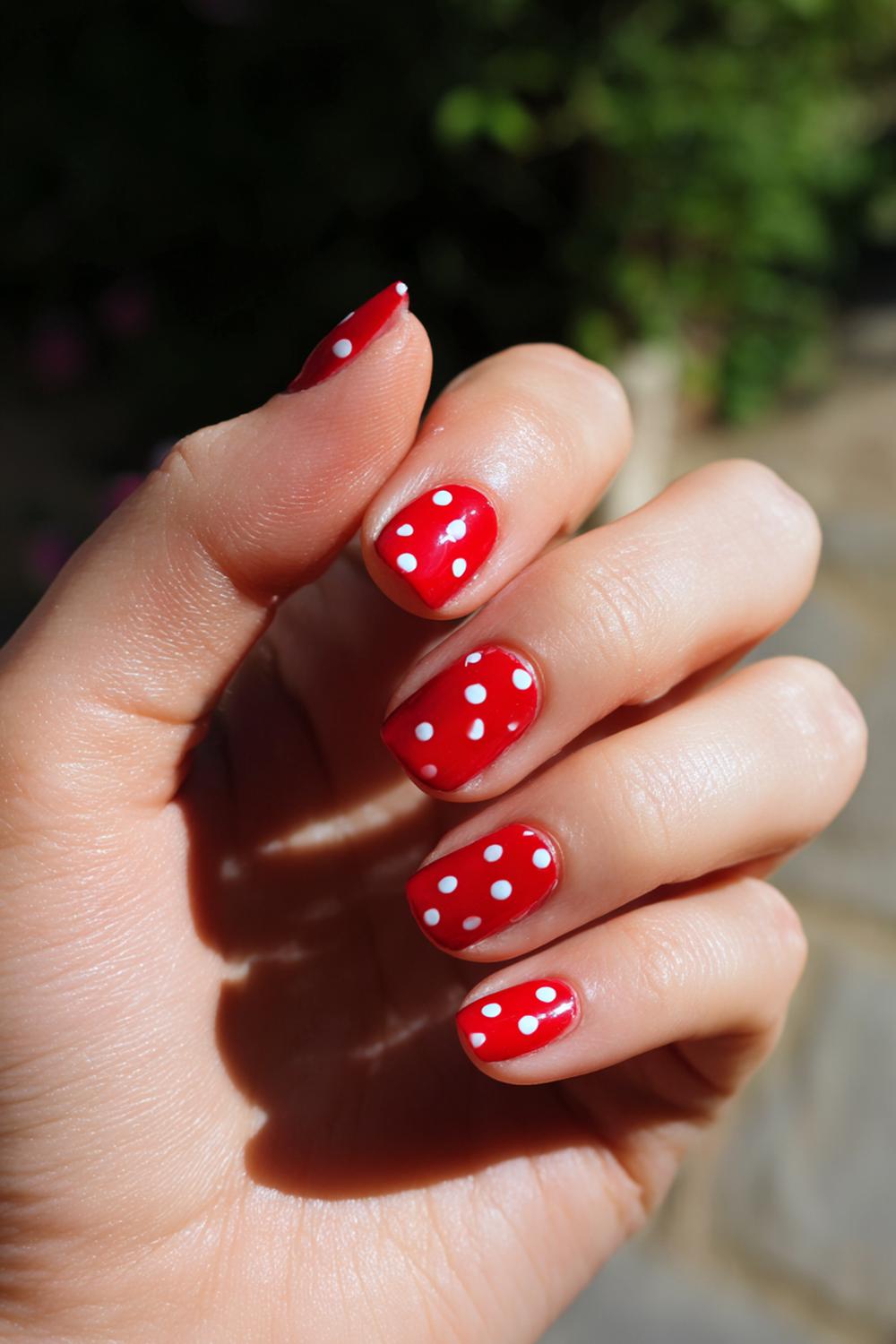24. Cherry Nails Retro Red Polka Dots with Cream Base