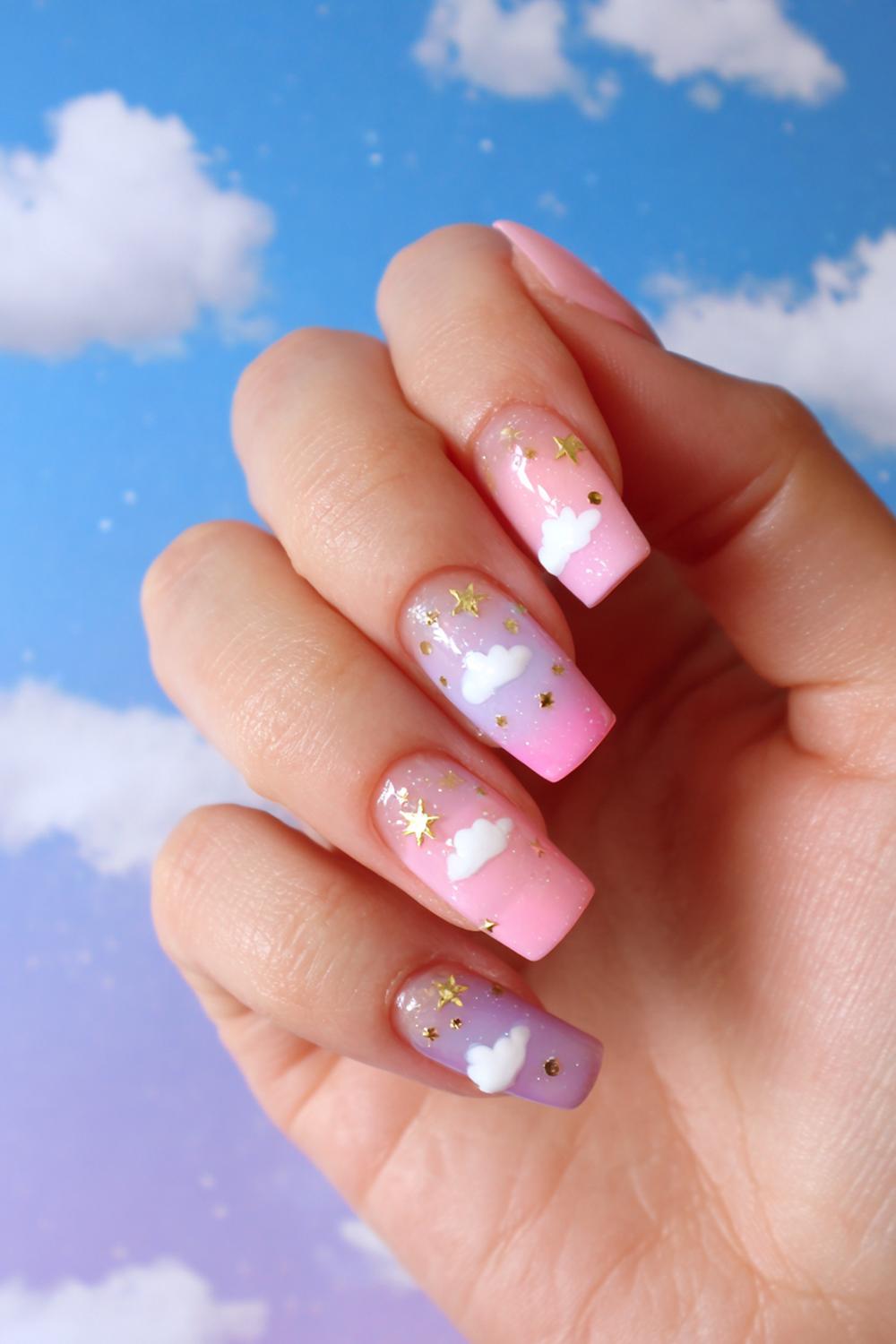 26. Hello Nails Cartoon Cloud Tips with Tiny Stars