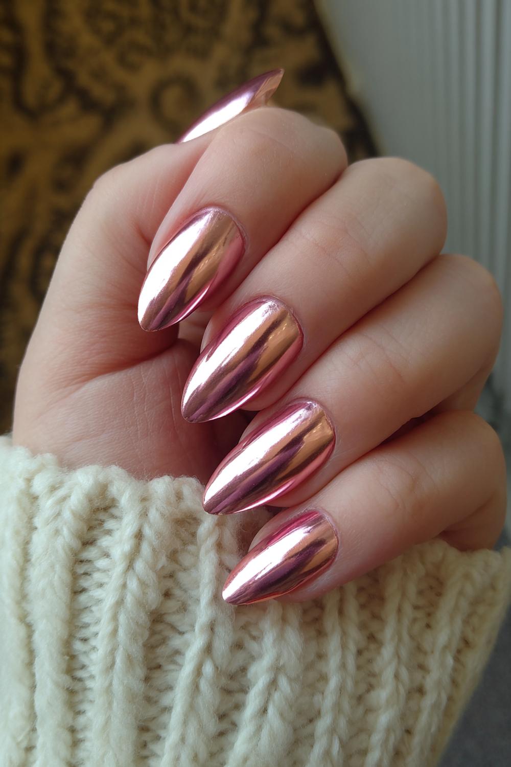 27. Pretty Acrylic Nails Rose Gold Chrome on Almond Shape