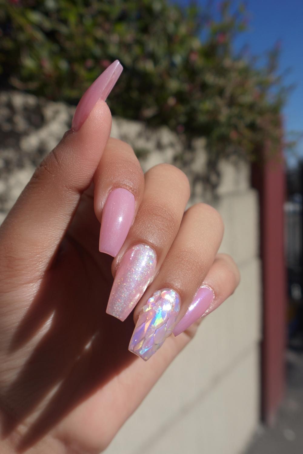 5. Girly Acrylic Nails Pink Aura with Pearly Glow