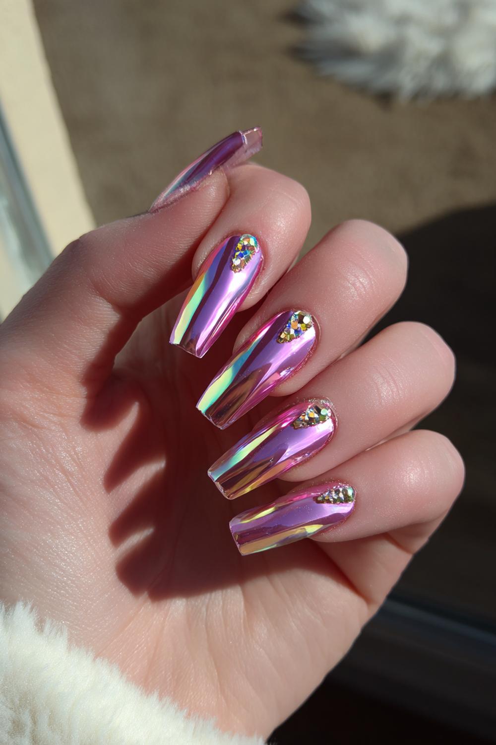 7. Wow Nails Chrome Mirror Coffin with Starburst Accents