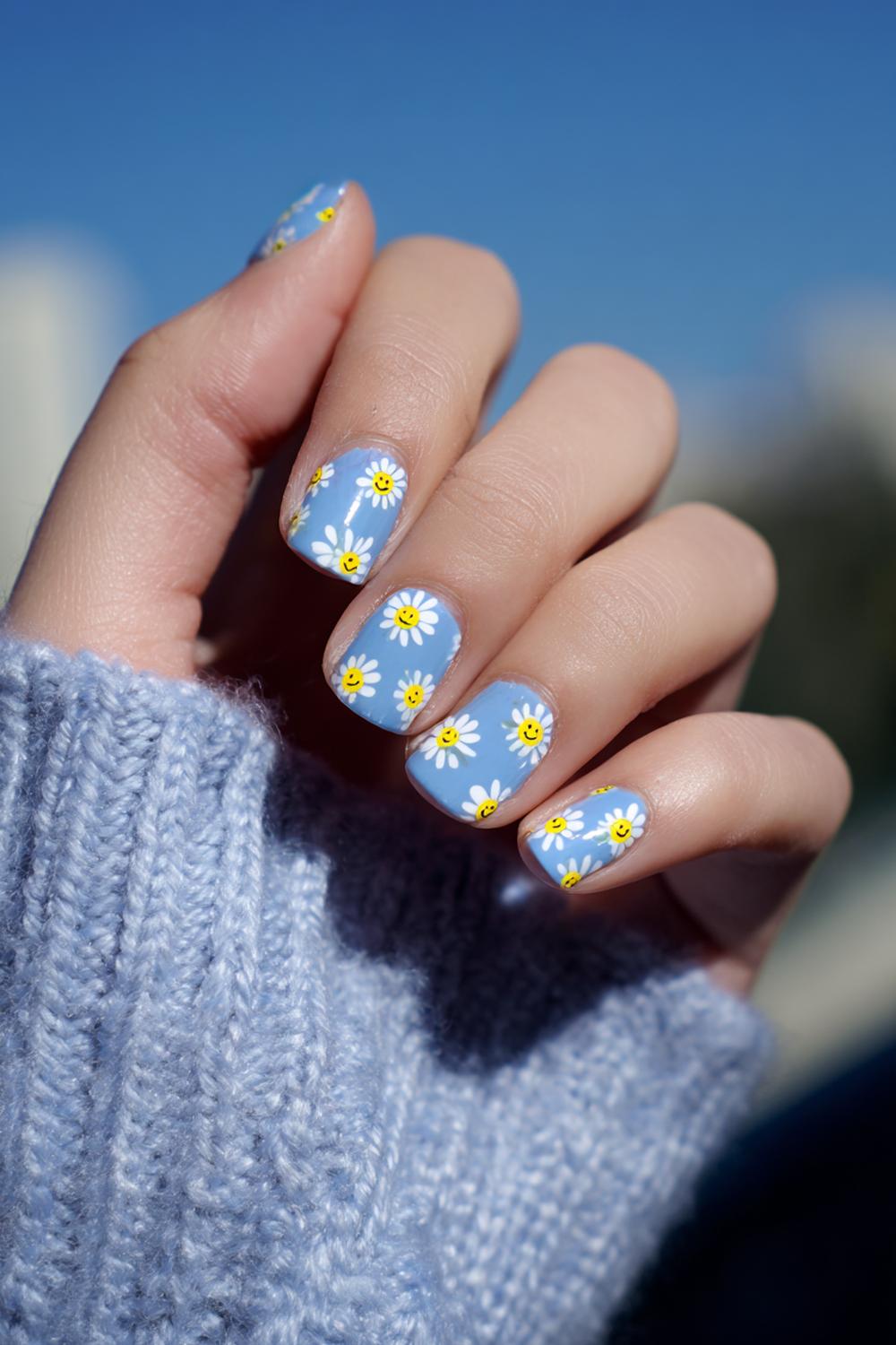 8. Hello Nails Smiley Daisies on Sky-Blue Base