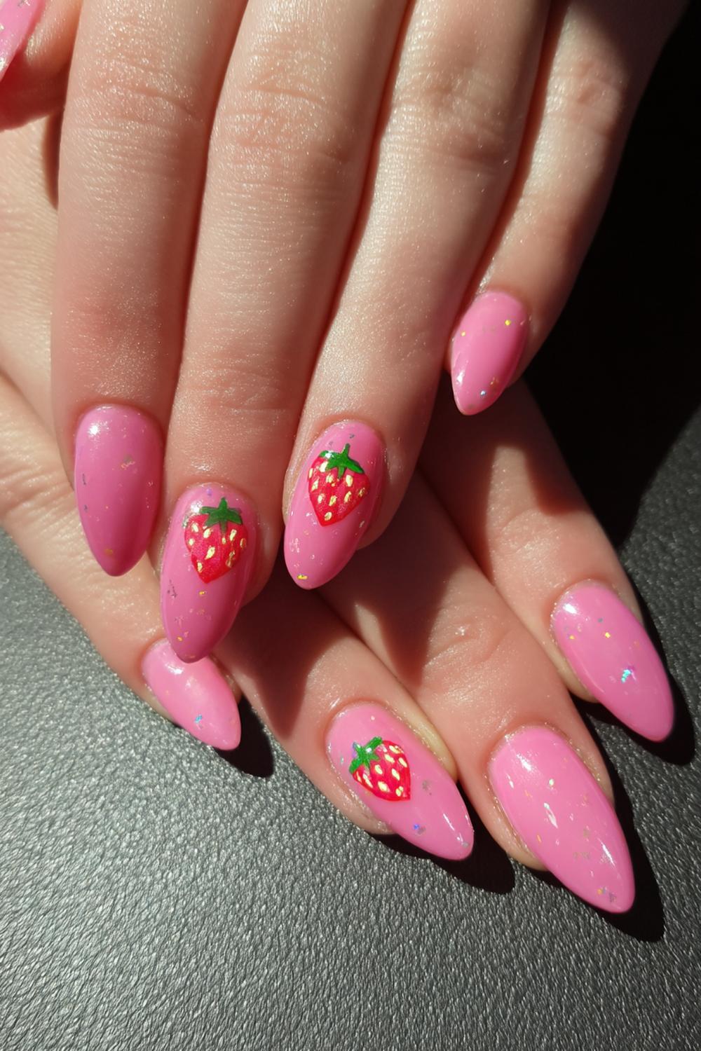 9. Pretty Acrylic Nails Strawberry Glaze with Seeds Detail