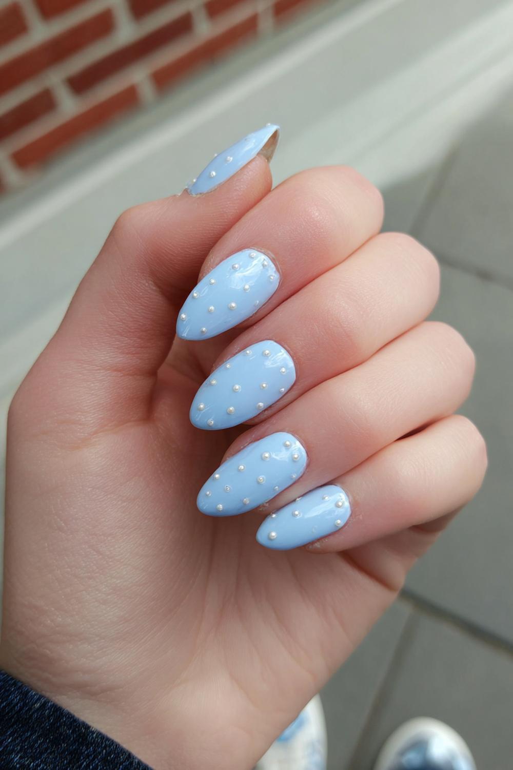 14. Nails and toes matching in Icy Blue with Subtle Pearl Dot Accents
