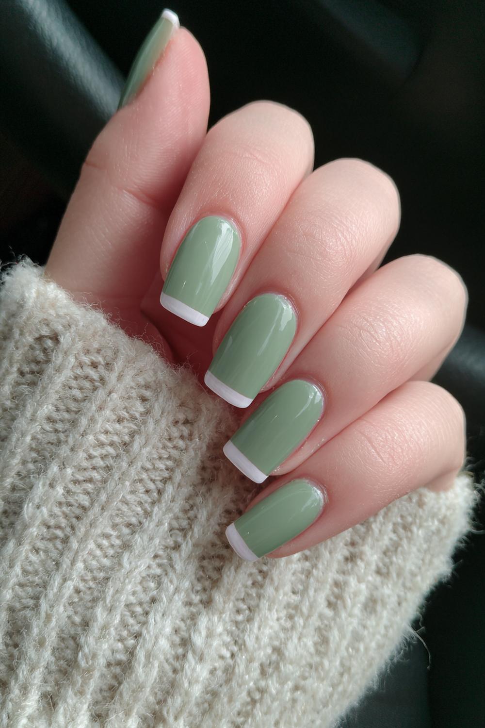 15. Nails and toes matching in Sage Green with Thin White Outline Tips