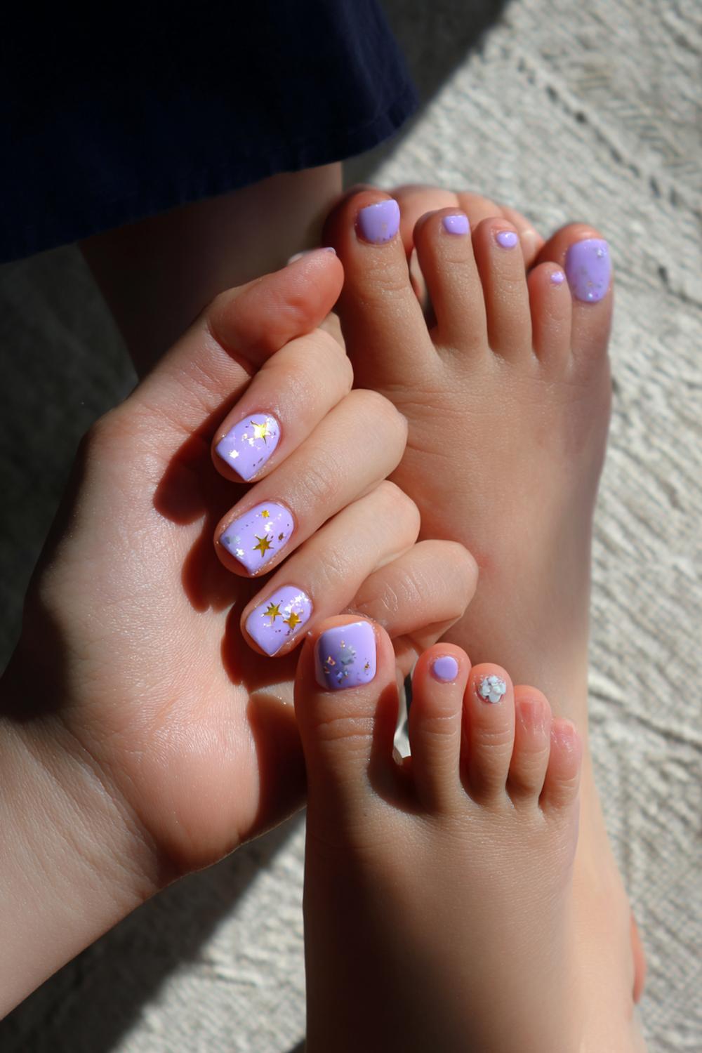 16. Nails and toes matching in Lavender Milk with Tiny Star Stickers
