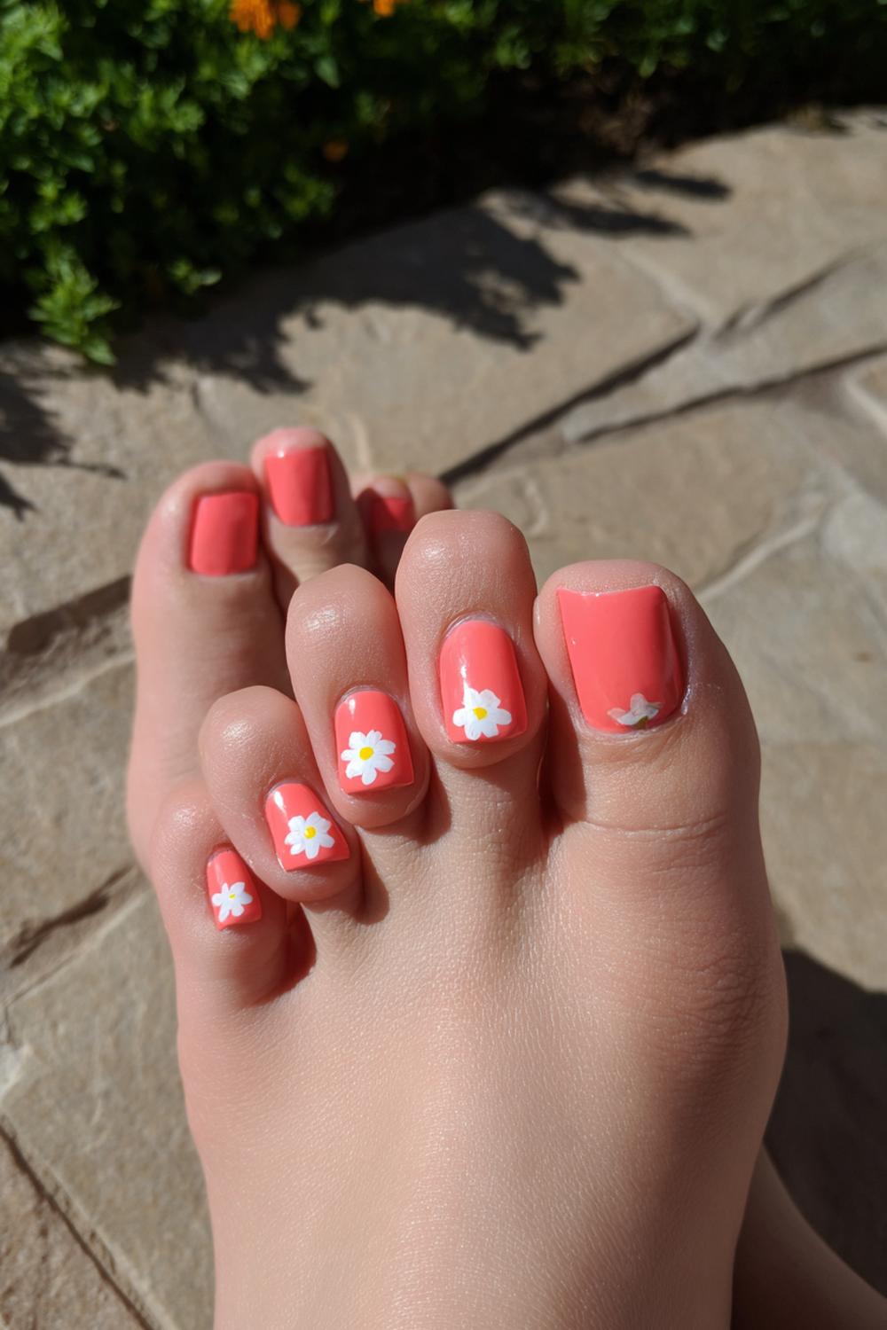 19. Nails and toes matching in Coral Pop with White Daisy Big-Toe Accent